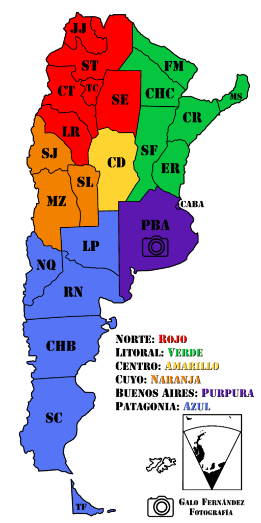 Provincias y Regiones Turísticas Argentinas en colores con Referencias